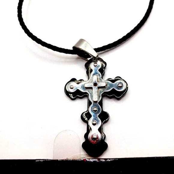 Black + Silver Stainless Steel Cross On Black Cord Choker Necklace 16 " - Picture 9 of 10
